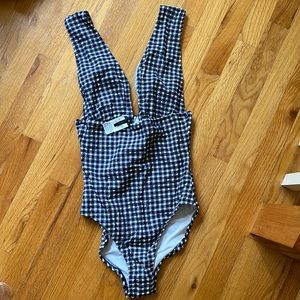 J. Crew long torso one piece bathing suit. Blue Gingham seersucker